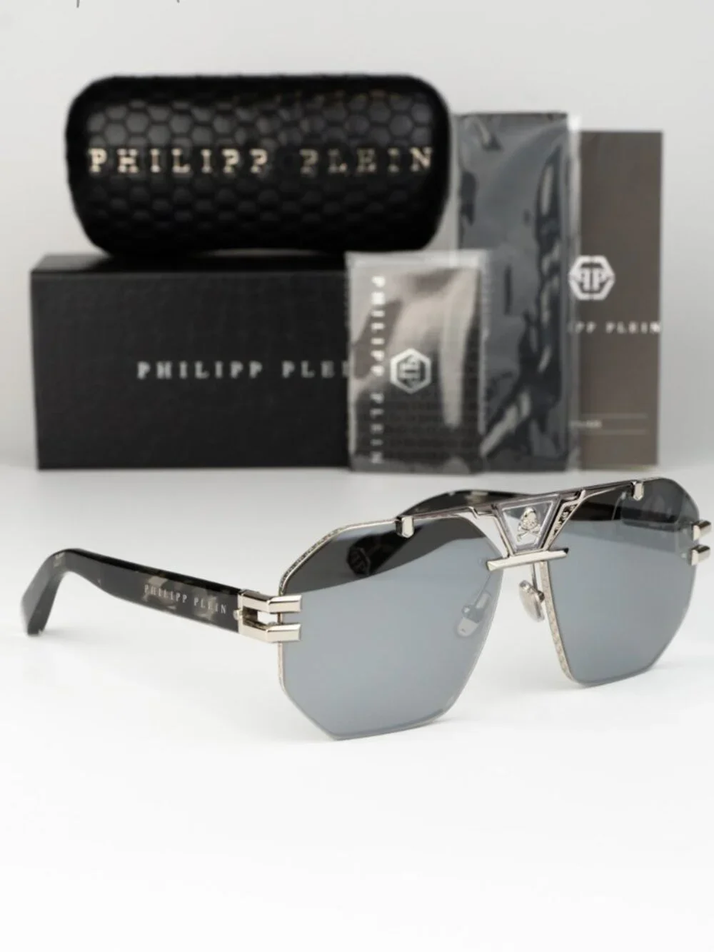 Philipp Plein Men Sunglasses Palladium Grey Silver Mirror Pilot SPP077V 523X NEW
